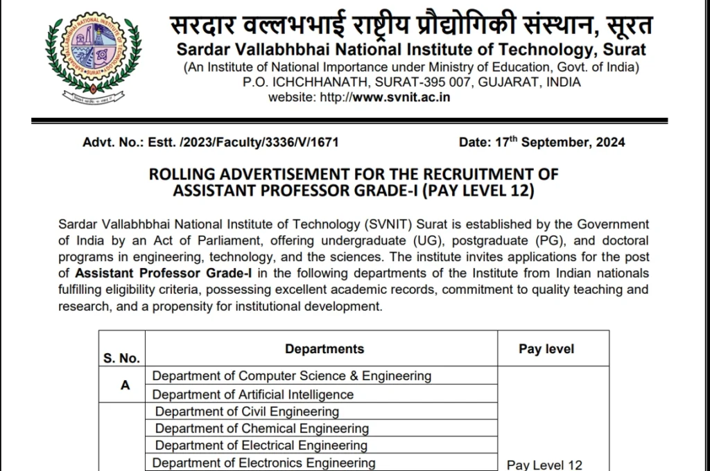 NIT Surat Assistant Professor Recruitment 2024
