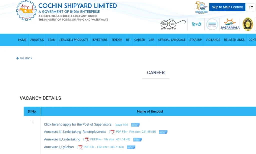 Cochin Shipyard Limited (CSL) Vacancy 2024