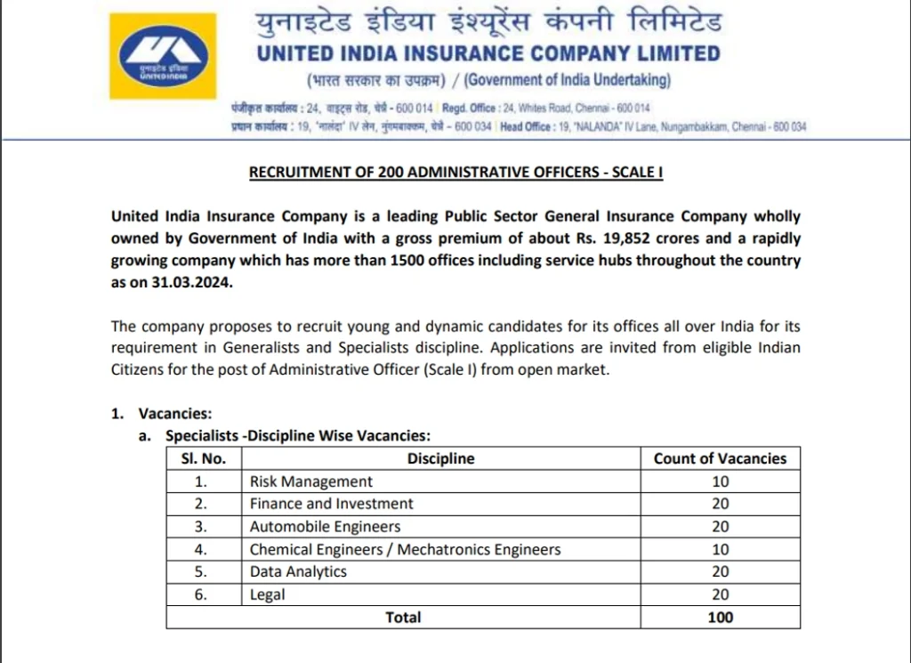 UIIC Administrative Officer Recruitment 2024