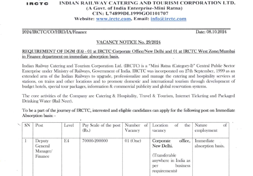 IRCTC Vacancy 2024